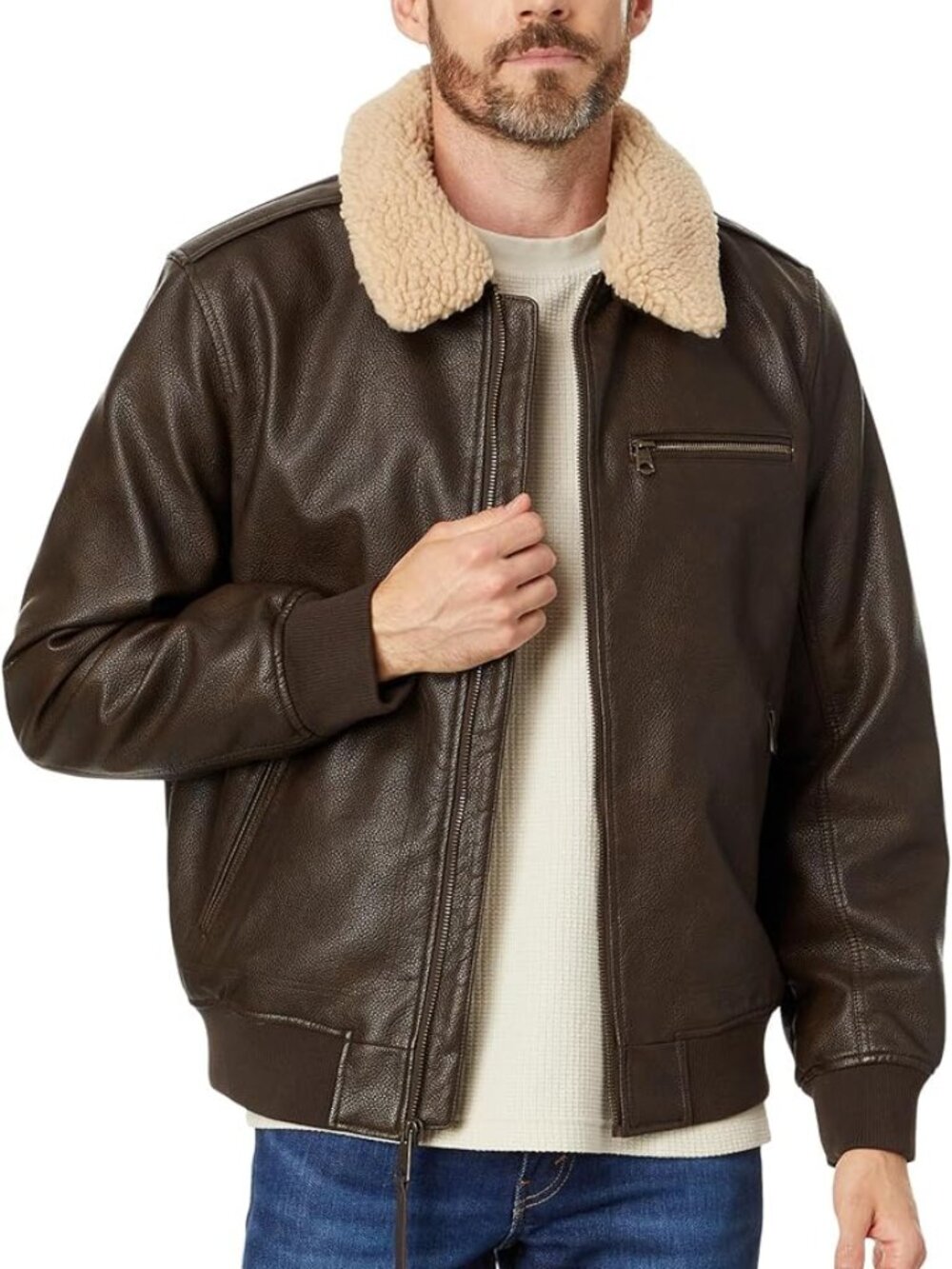 Vintage-Inspired Vegan Leather Aviator Bomber Jacket With Sherpa Collar